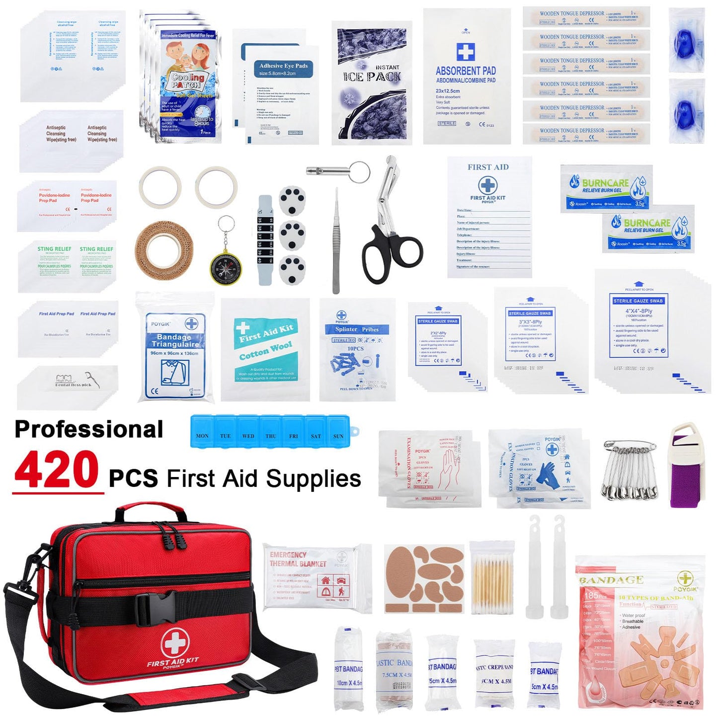 Poygik Premium 420 Piece Large First Aid Kit for Home, Car, Travel, Camping, Truck, Hiking, Sports, Office, Vehicle & Outdoor Emergencies - Emergency Medical Kits, Businesses & Home Medical Supplies