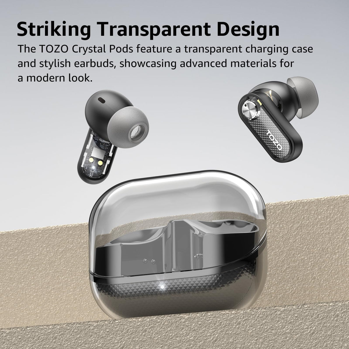 TOZO Crystal Pods Hybrid Active Noise Cancelling Wireless Earbuds, 10mm Drivers Deep Bass, 4 Mics Smart ENC AI Calls, Real-Time AI Translation, 32 EQ via App, Bluetooth 5.4, Crystal Design