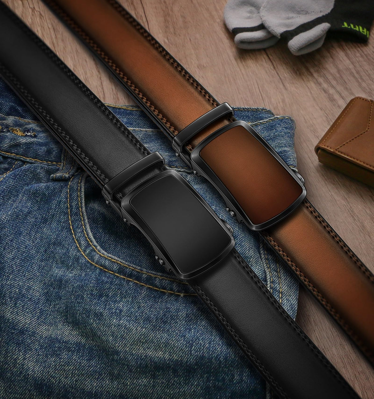 BULLIANT Men's Ratchet Belt 2 Pack-Click Leather Belt Adjustable for Men Gift 1 3/8-Cut for Perfect Fit(Black/Light Brown,32"-38" Waist Adjustable)