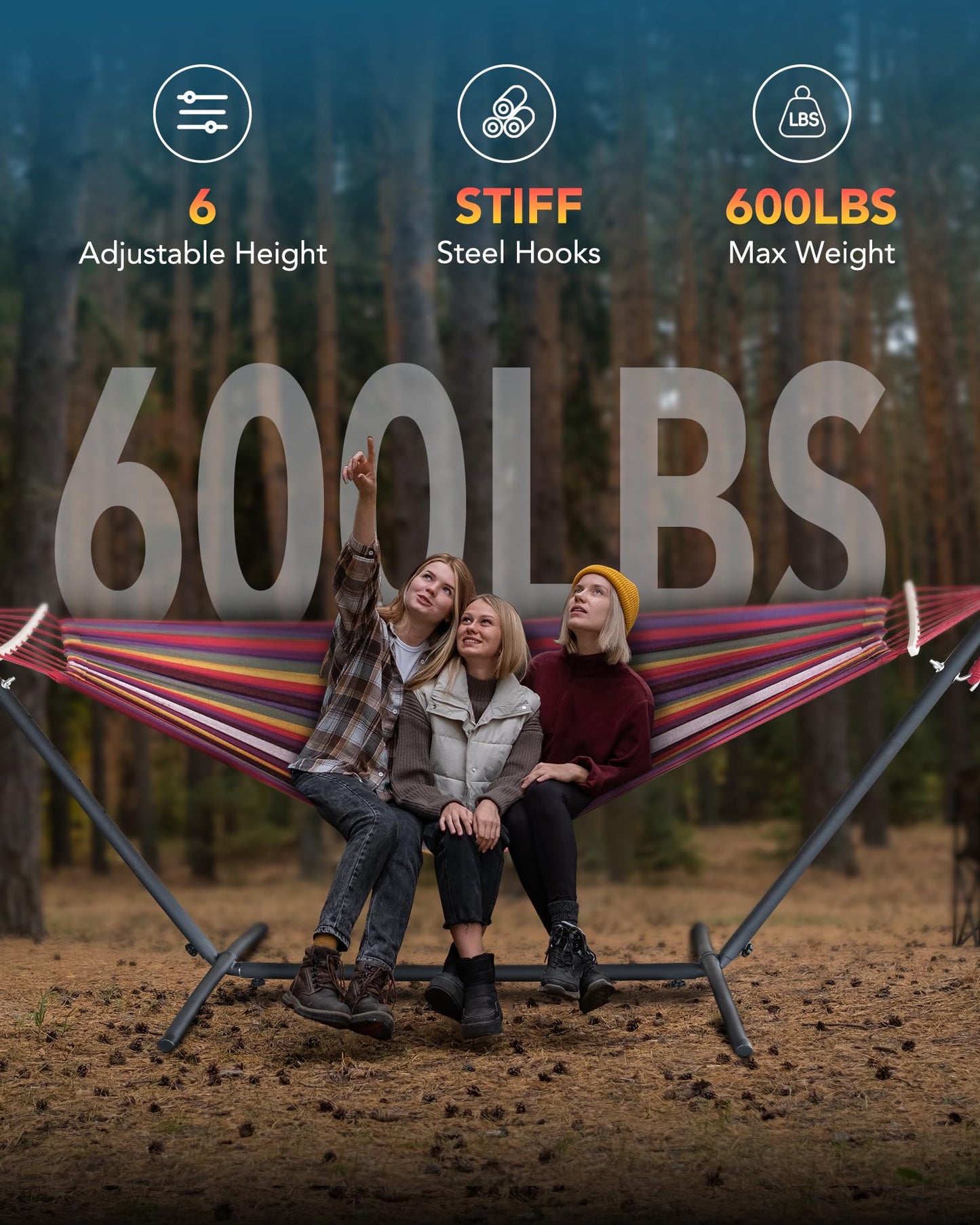 EveryFun Double Hammock with Heavy-Duty Steel Stand,Portable,Easy Assembly,600lbs Weight Capacity,Perfect for Indoor,Yard,Camping,or Outdoor-Rainbow