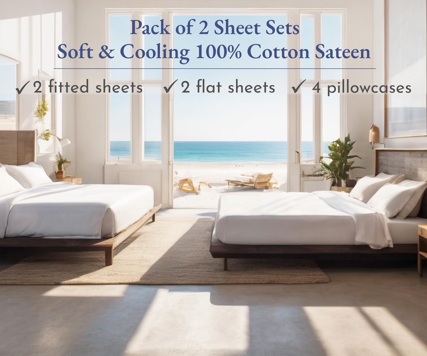 California Design Den 100% Cotton 2-Pack Sheets for King Size Bed, Soft & Durable King Size Deep Pocket Sheet Sets, King Sheet Set with Sateen Weave, Cooling Sheets (White)