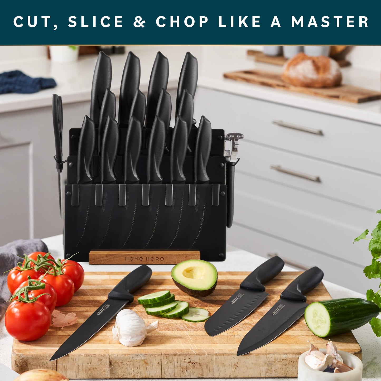 Home Hero Kitchen Knife Set with Sharpener - High Carbon Stainless Steel Knife Block Set with Ergonomic Handles (20 Pcs - Acrylic Black)