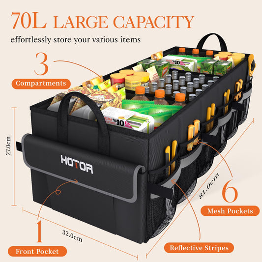 HOTOR Trunk Organizer - Car Organizer with 5 Pockets, Trunk organizer for SUV, Sedan & Van, Car Organization with Sturdy Base Panel for Car Accessories, Black, 2 Compartments, 35.4"×14.2"×10.6"