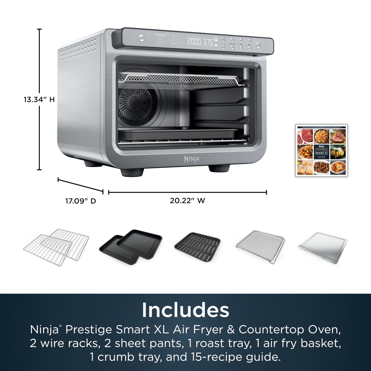 Ninja Air Fryer & Toaster Oven | Prestige Smart XL Countertop Oven | Bakes up to 20 Cookies, Fits up to a 12lb Turkey | Pizza, Toast, Bake, Air Fry & Reheat | 1800 Watts | Stainless Steel | DT501