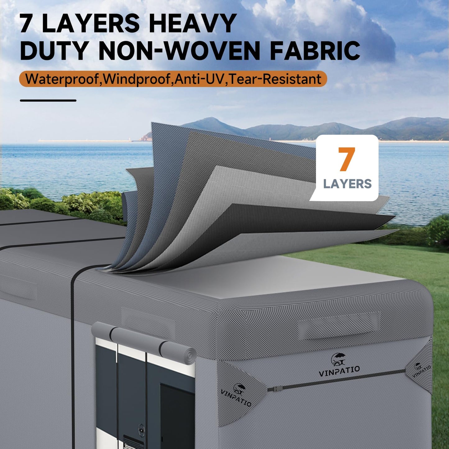 VINPATIO Class A RV Cover Extra Thick 7 Layers Top, Fits 34'-37' RV, Heavy Duty Windproof Waterproof Class A Motorhome Cover with 2 Extra Long Straps, Gutter Covers