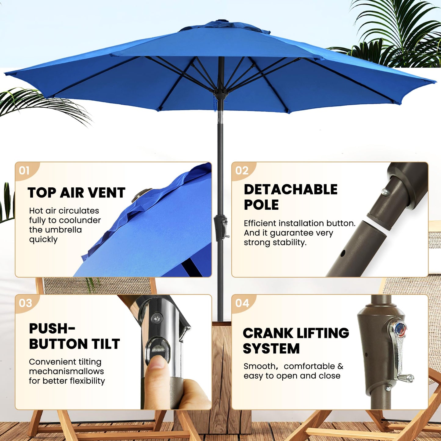 Ayge 9FT Large Outdoor Patio Umbrella Market Table Umbrella-UV Resistant, Easy Push Button Tilt and Crank, 8 Sturdy Fiberglass Ribs Heavy-Duty Pool Umbrella for Deck, Backyard,Garden, Yard,Blue