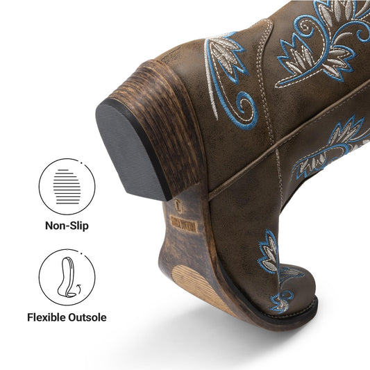 DREAM PAIRS Women's Cowboy Cowgirl Western Mid Calf Boots Square Toe Embroidered Stitched Pull On Country Boots with Low Chunky Heel,Size 9,Dark Brown,SDMB26002W