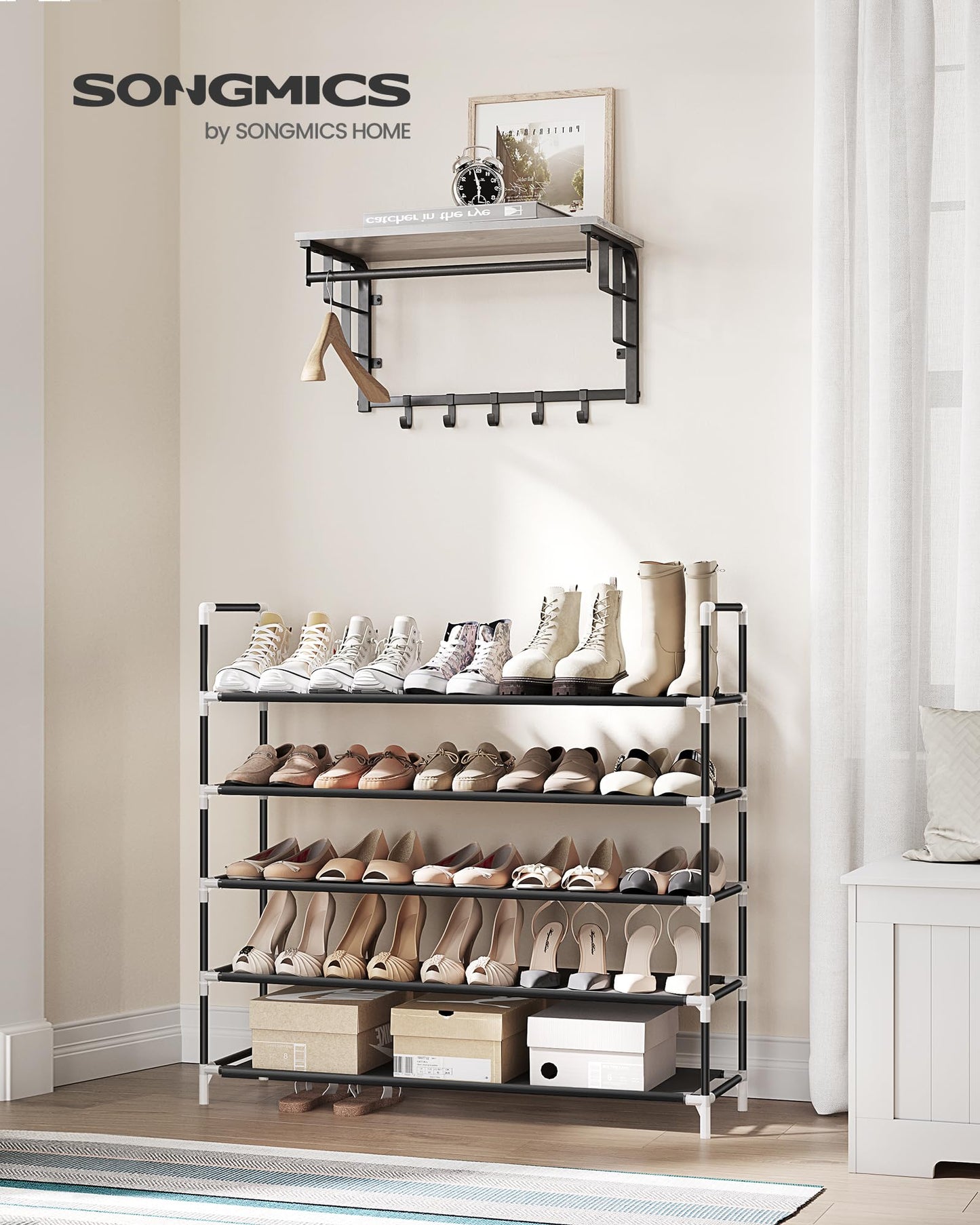 SONGMICS 5-Tier Shoe Rack, Shoe Storage for Hallway Closet, Slim and Space-Saving, Metal Frame, Non-Woven Fabric Shelves, Black ULSH55H