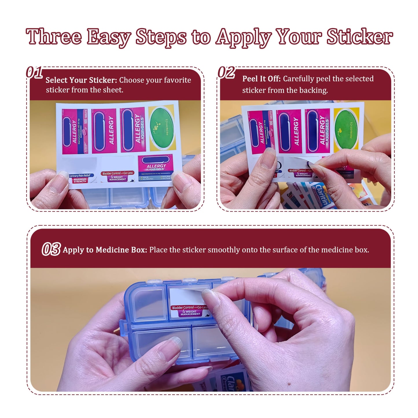 Pill Organizer with Medicine Labels Travel Daily Pill Container Mini Medication Organizer Storage Pill Organizer Travel Essentials Pill Case 7 Day (Purple& 161 Lables)