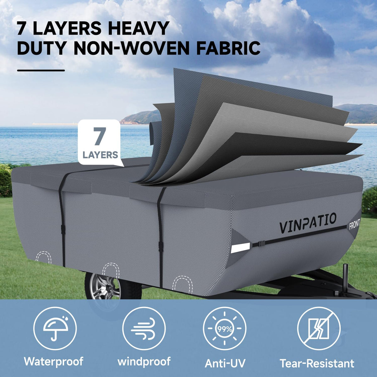 VINPATIO Pop Up Camper Cover, Folding Camper Tent Trailer Cover Fits 12'-14' Trailers, Waterproof & Anti-UV Pop-up Camper Cover with Windproof Straps