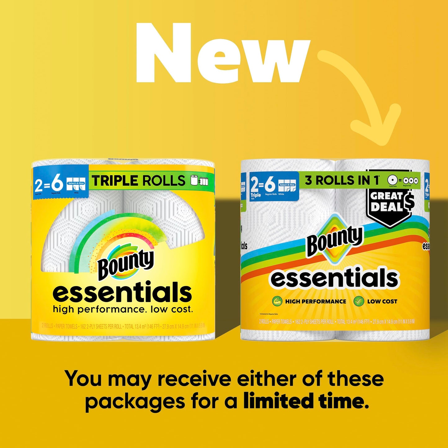 Bounty Essentials Select-A-Size Paper Towels, White, 2 Triple Rolls = 6 Regular Rolls (Packaging May Vary)