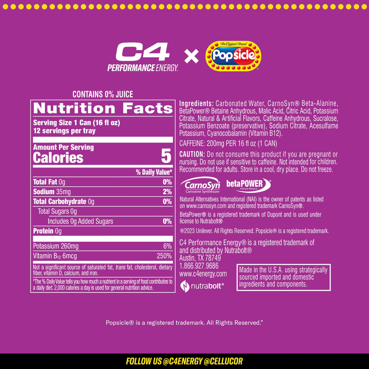 C4 Energy Drink x Grape Popsicle, Carbonated Sugar Free Pre Workout Performance Drink with no Artificial Colors or Dyes, 16 Oz, Pack of 12