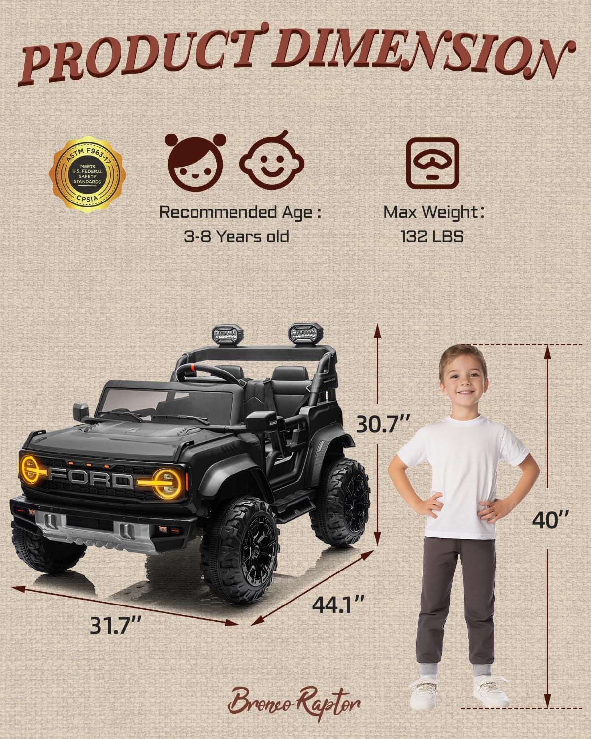First Ride On 24V Ride on Toys for Big Kids, Licensed Ford Bronco Raptor Electric Car 2 Seater with Remote Control, Kids Ride on Cars w/ 2-Seater, 4.3 Mph Max Speed, Soft Start Function (24V, Black)