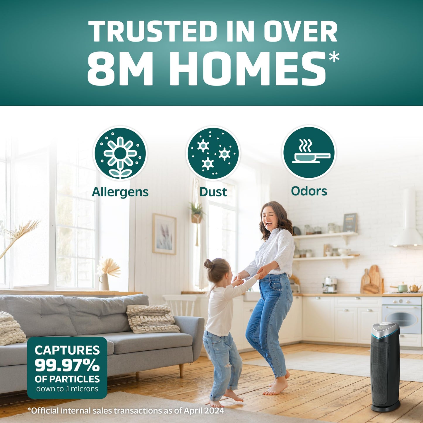 GermGuardian 4-In-1 HEPA Air Purifier for Home, Large Rooms Up To 743 Sq. Ft. with HEPA Air Filter, UC-V Light & Odor Reduction, AC4825E, 22" Tower, Gray