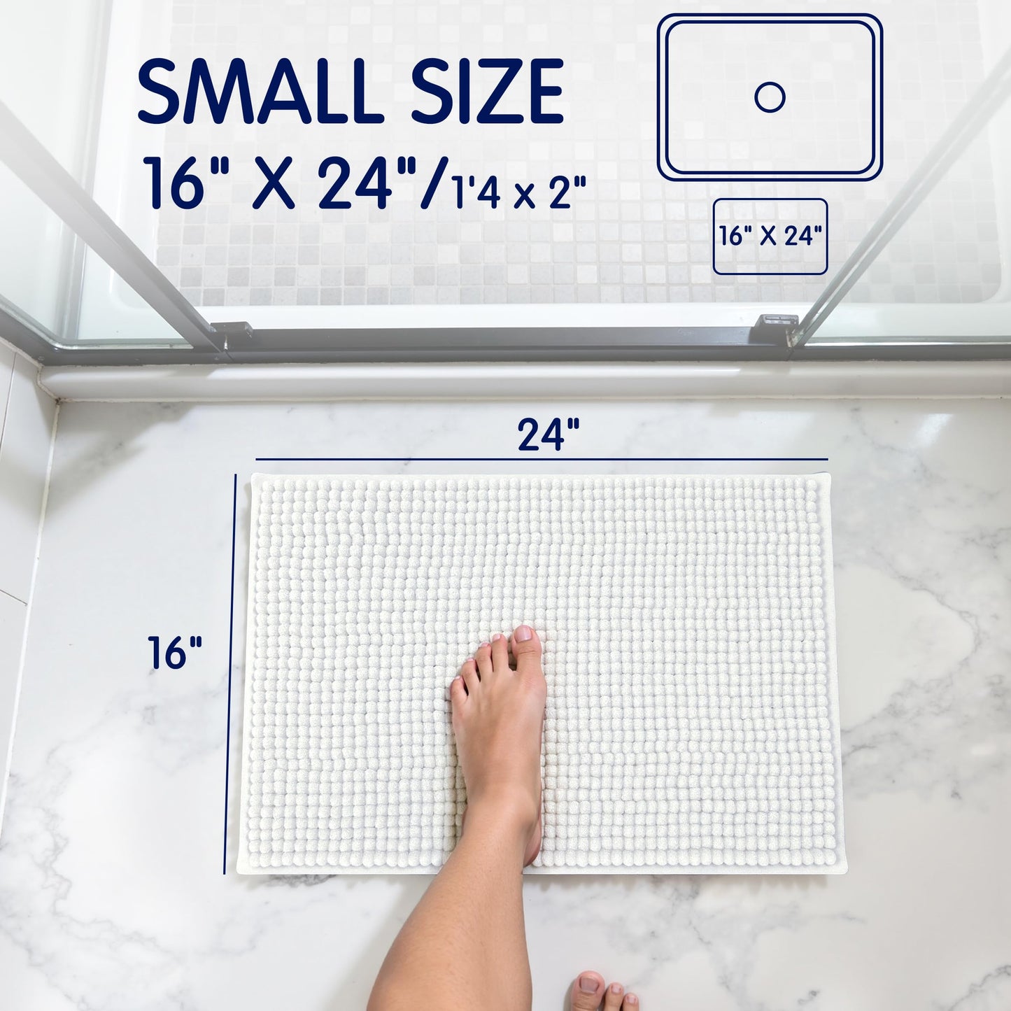 SUBRTEX Bathroom Rugs Chenille Bath Rug Soft Short Plush Bath Mat Soft Shower Mat Water Absorbent Shower Mat Quick Dry Machine Washable(White,16" x 24")