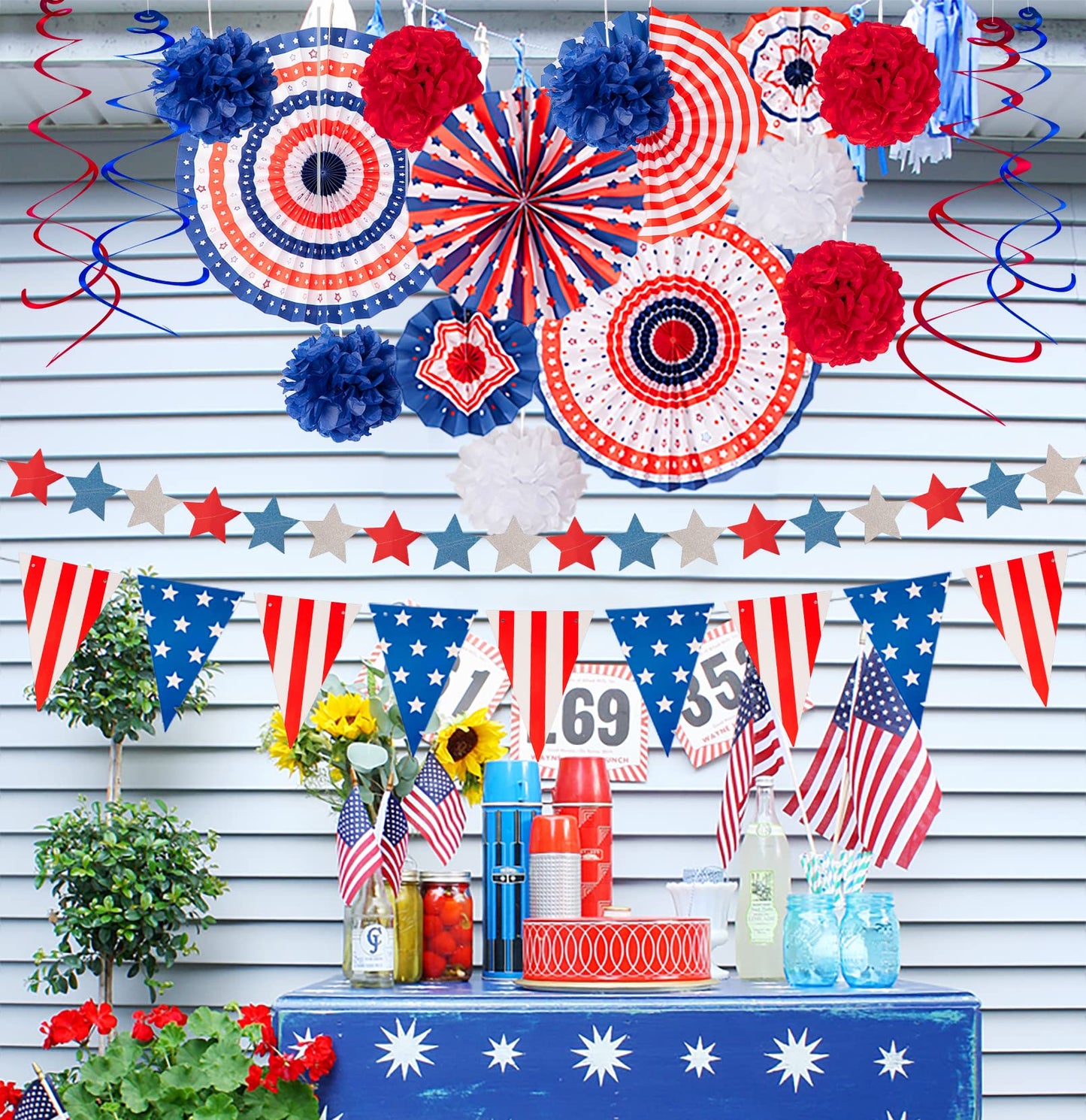 29PCS 4th/Fourth of July Patriotic Decorations Set - Red White Blue Paper Fans,USA Flag Pennant,Star Streamer,Pom Poms,Hanging Swirls Party Decor Supplies