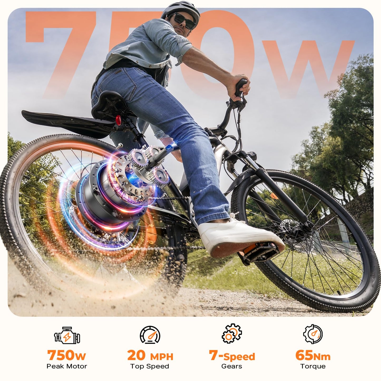Fcgeoi Electric Bike, 750W Peak Motor, 60+ Miles Range & 20MPH, Removable Battery, 26" Tires, Dual Disc Brake, Shock Absorber, Commuting Electric Bikes for Adults