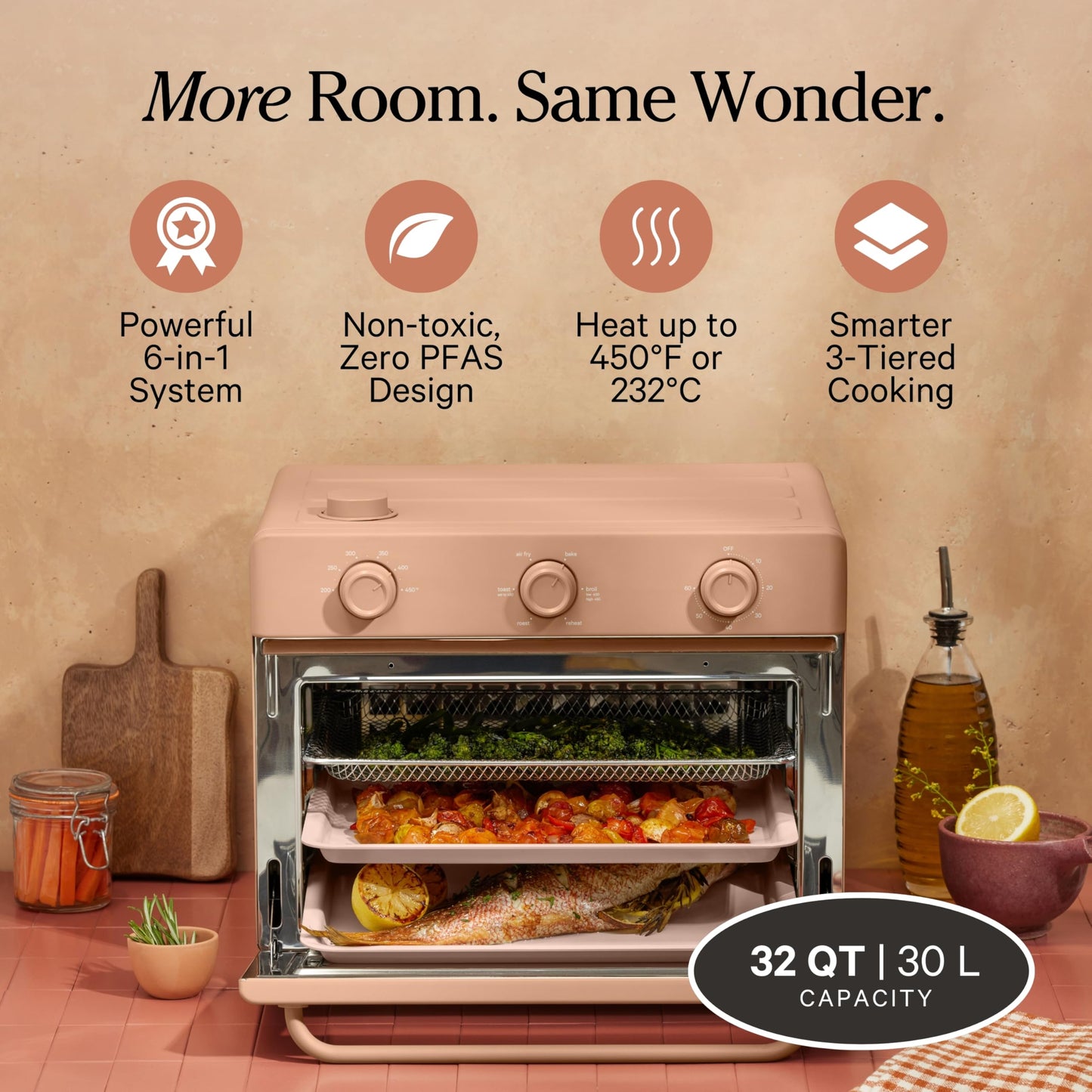 Our Place Large Wonder Oven | 6-in-1 Stainless Steel Air Fryer Toaster Oven Combo with Basket, Rack, Pan & Tray | 3-Rack, 32 QT, Large Capacity - Toast, Roast, Bake, Reheat, Broil & Steam | Spice
