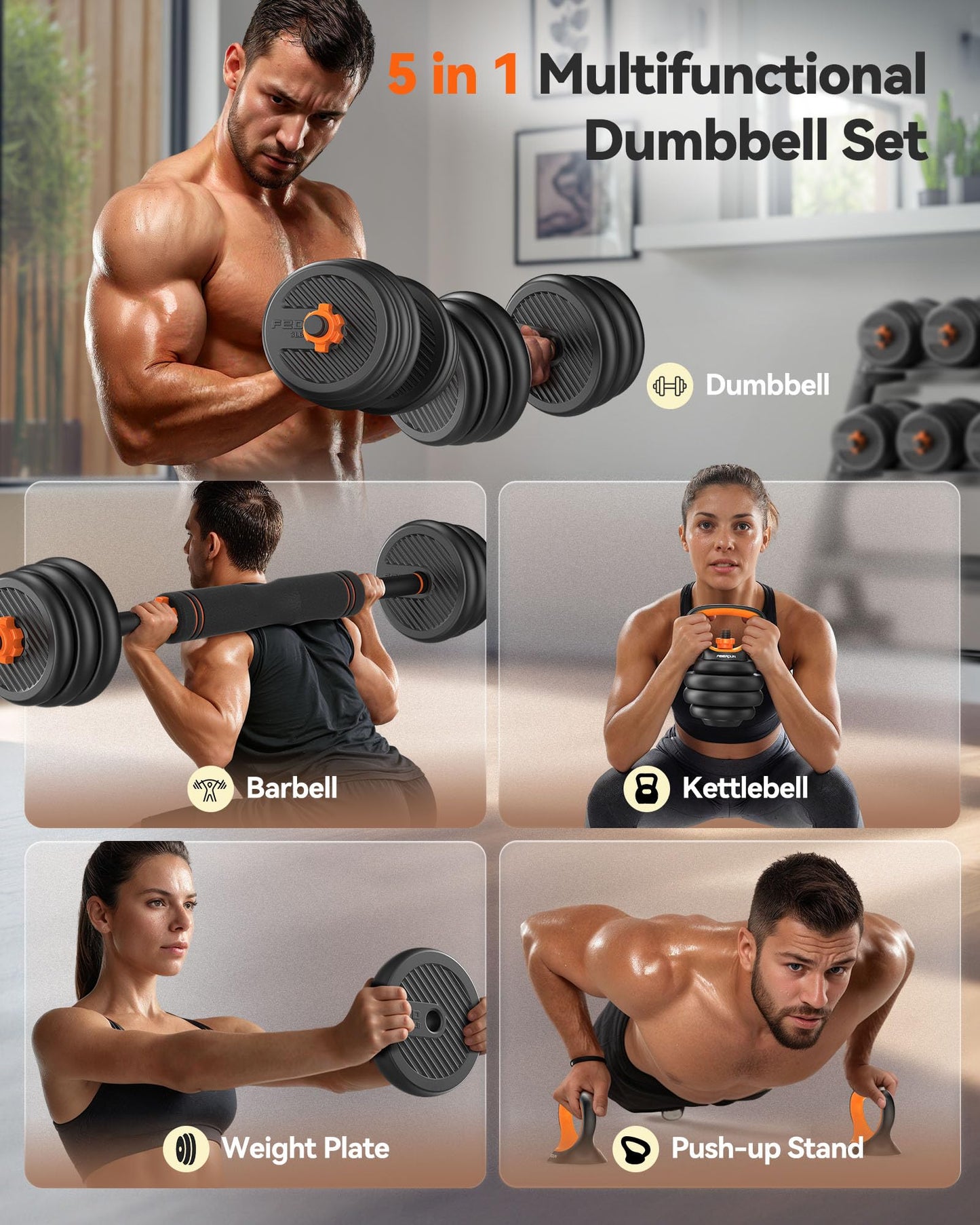 FEIERDUN Adjustable Dumbbells, 20lbs Free Weight Set with Connector, 4 in1 Dumbbells Set Used as Barbell, Kettlebells, Push up Stand, Fitness Exercises for Home Gym Suitable Men/Women