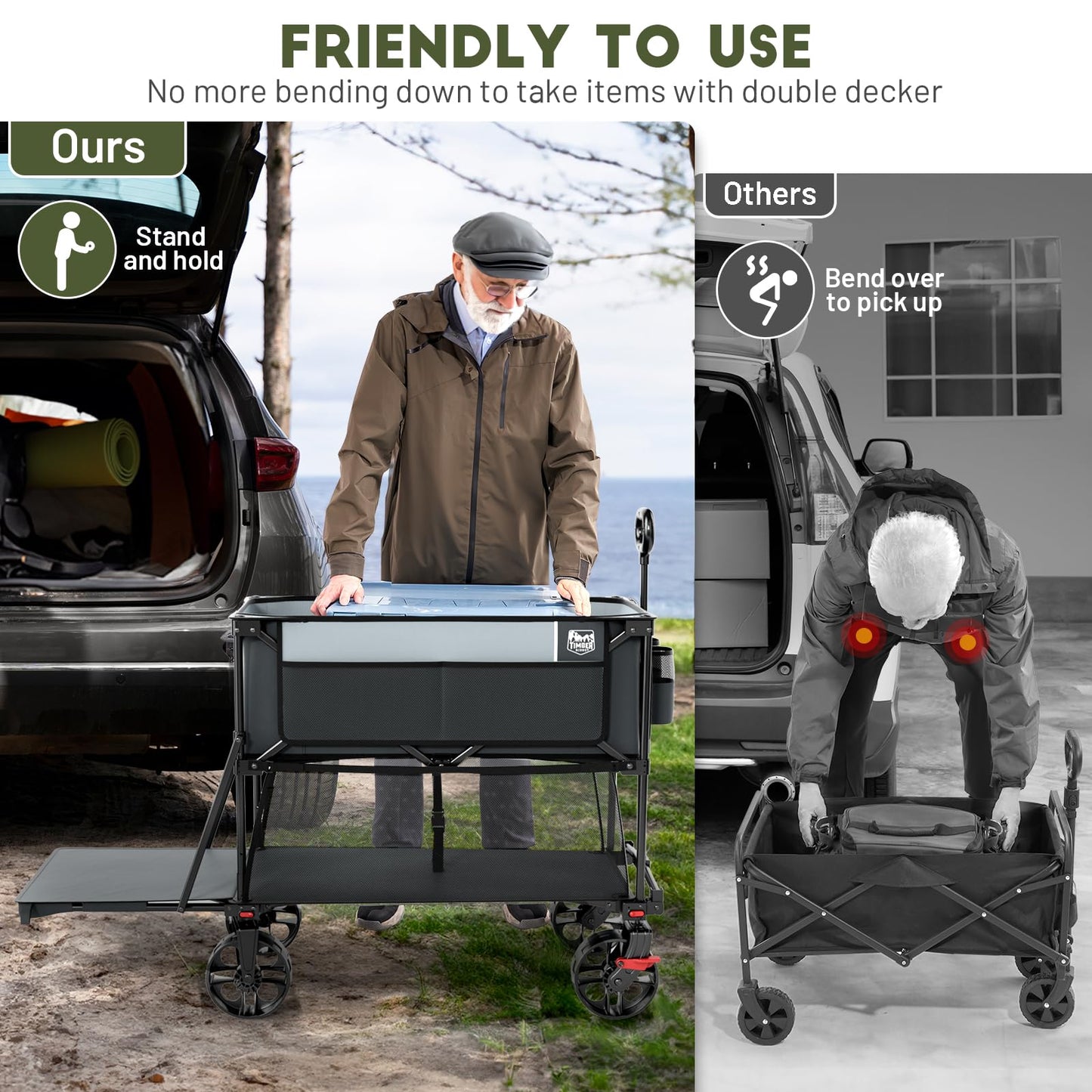 TIMBER RIDGE 400L Large Capacity Folding Double Decker Wagon with Brakes, 54" Extra Long Extender Wagon Cart, 450lbs Heavy Duty Collapsible Cart, All-Terrain Big Wheels for Camping, Sports, Shopping