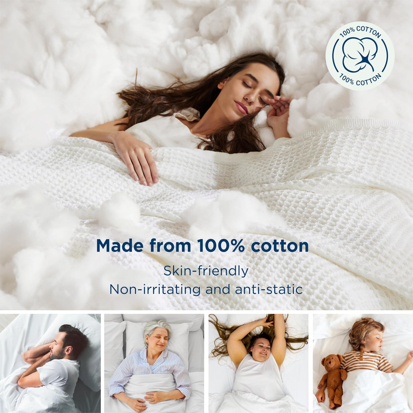 Bedsure 100% Cotton Blanket King Size for Bed - Breathable and Soft, Waffle Weave Blanket for Summer Spring, White, 104x90 inches