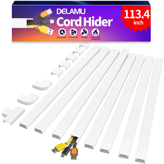 Delamu Cord Covers for Wires on Wall, 113.4in TV Cord Hider, Self-adhesive Cable Hider Cable Cover Raceway, Paintable Wire Hider Wire Covers for Cords, Hide Cords Wall Mounted Tv, W0.95×H0.55in, White