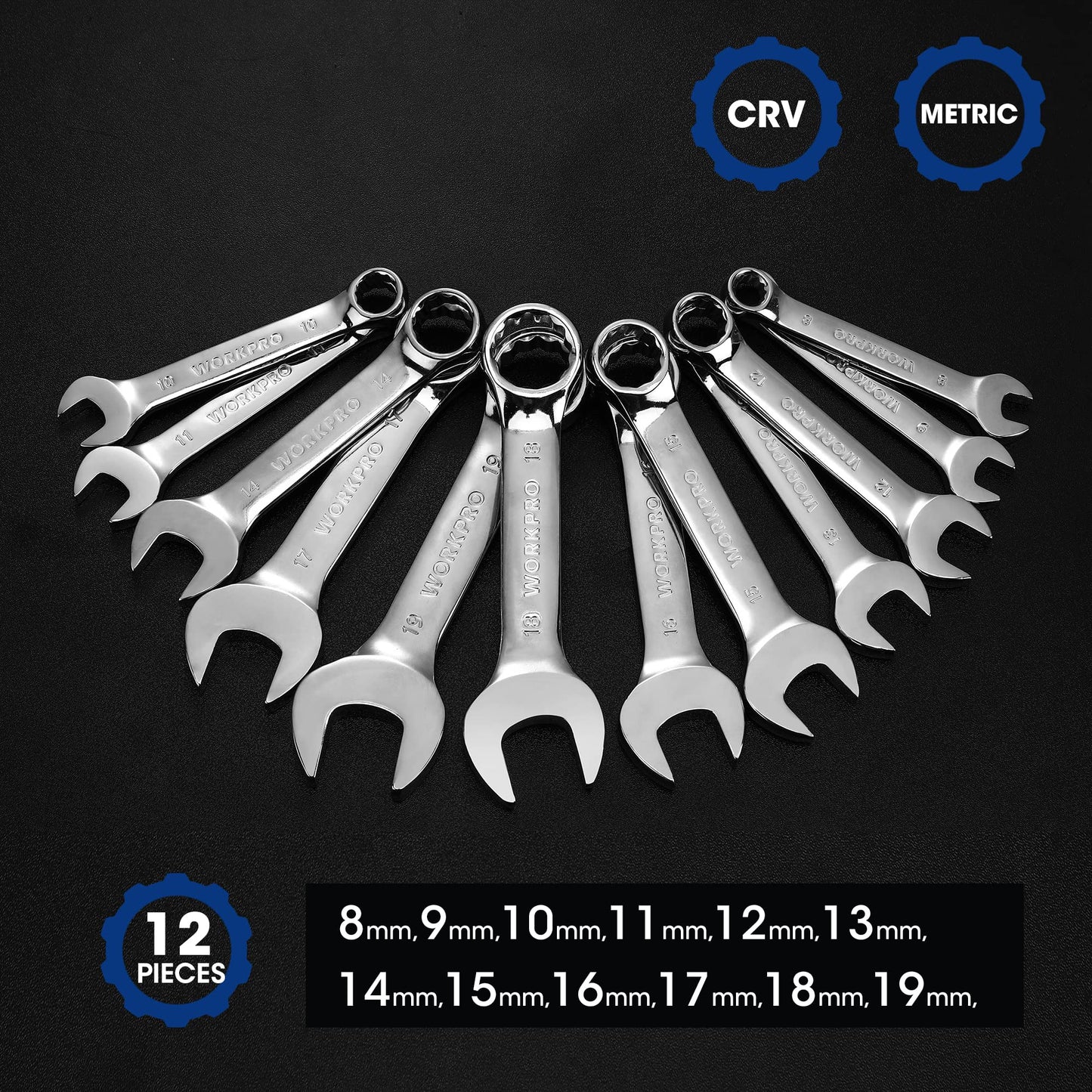 WORKPRO 12-piece Stubby Wrench Set, Metric 8-19mm, Cr-V Steel, Small Combination Wrenches Set with Premium Storage Case