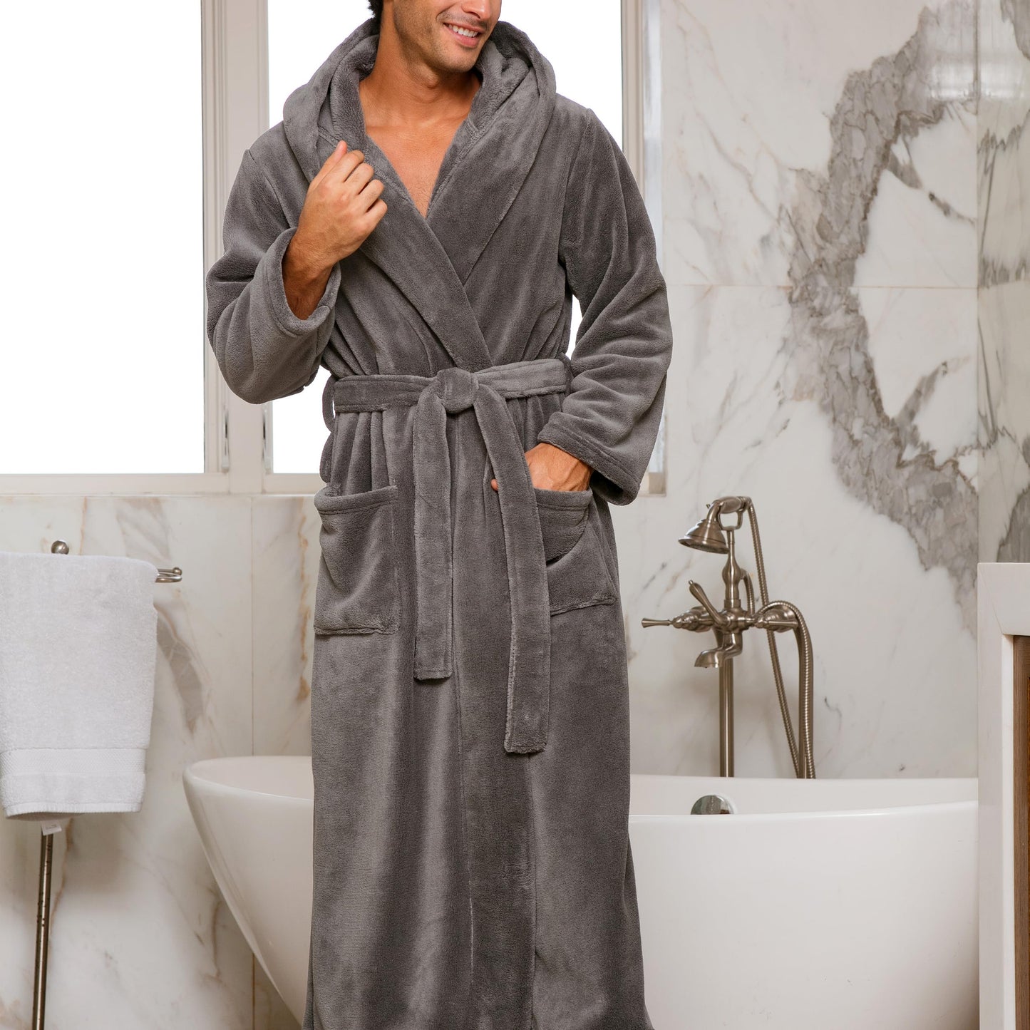 Alexander Del Rossa Mens Robe, Plush Fleece Hooded Bathrobe Men, Big and Tall Robe Steel Gray Large (A0125STLLG)