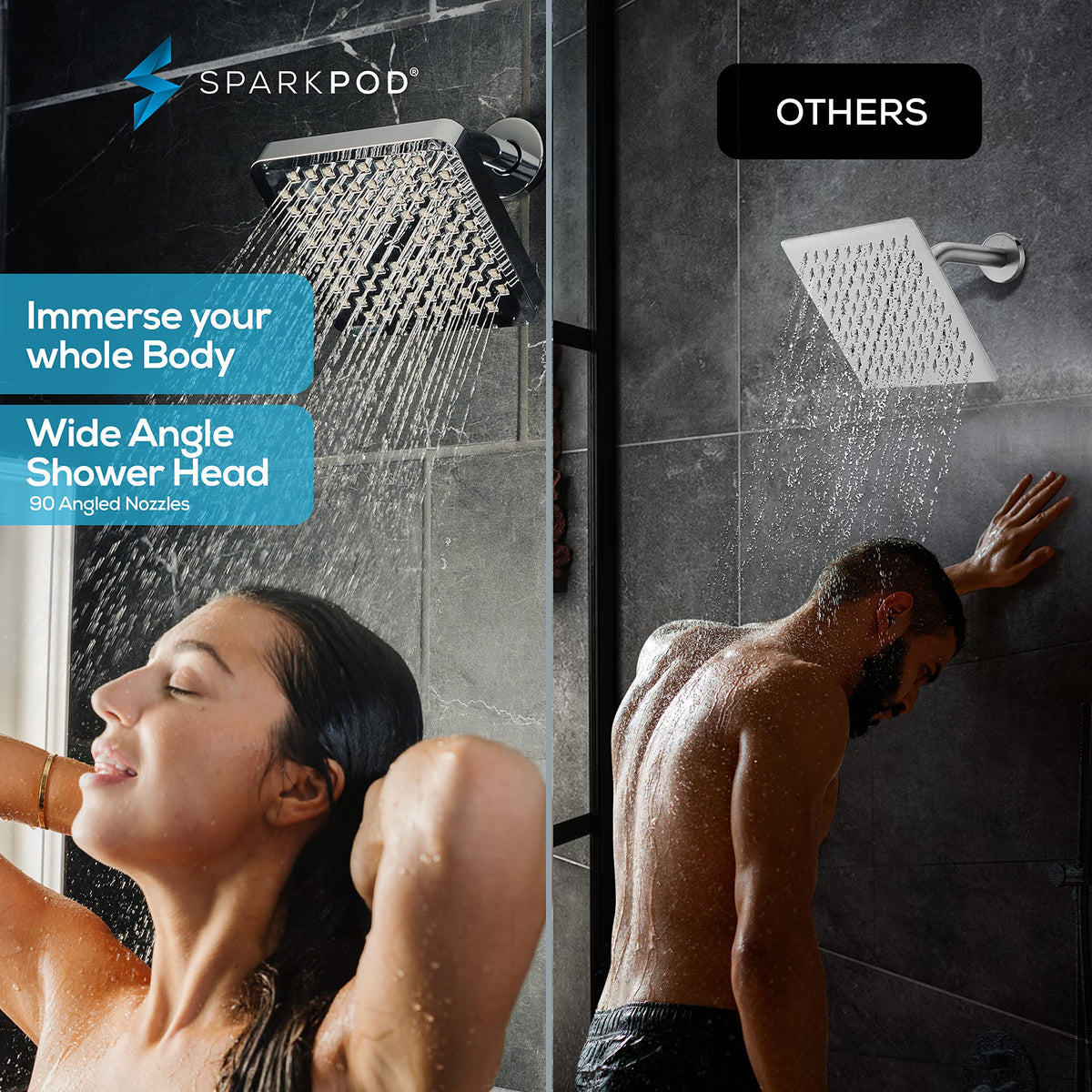 SparkPod Shower Head - High Pressure Rain - Premium Quality Luxury Design - 1-Min Install - Easy Clean Adjustable Replacement for Your Bathroom Shower Heads (Luxury Polished Chrome, 8 Inch Square)