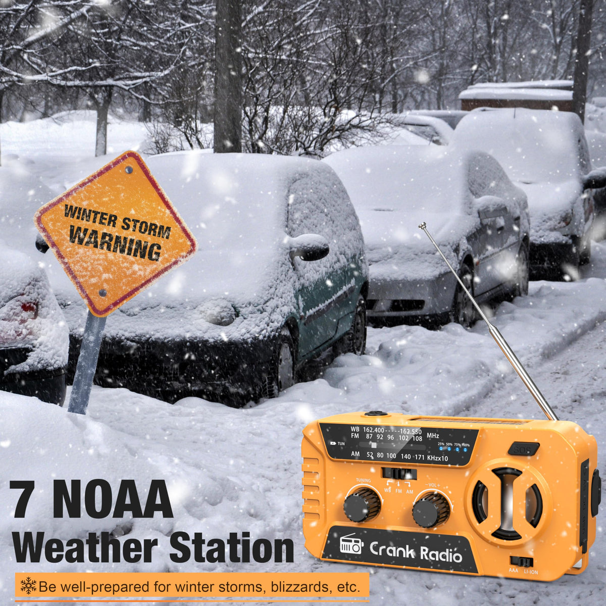 Emergency Weather Radio for Winter Storm, NOAA Weather Radio Hand Crank Emergency Radio with 7400mWh Power Bank, USB/Solar/Hand Crank, Battery Operated,Flashlight&SOS Alarm,for Emergency Survival Gear
