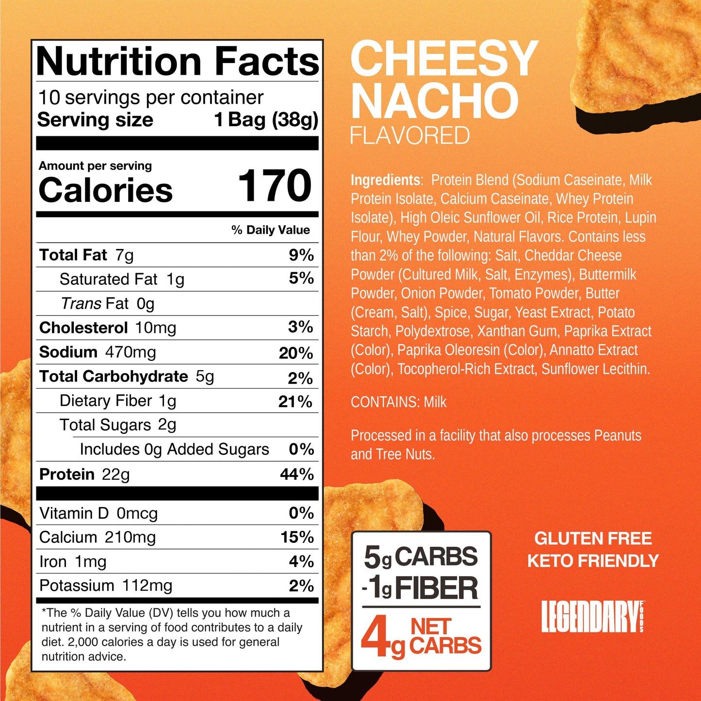Legendary Foods Cheesy Nacho Protein Chips – Popped Tortilla Style – 22g High Protein, 4g Net Carbs, Low Sugar, Gluten Free, Keto Snack Packs – 10 Count – Healthy Crunchy Chips