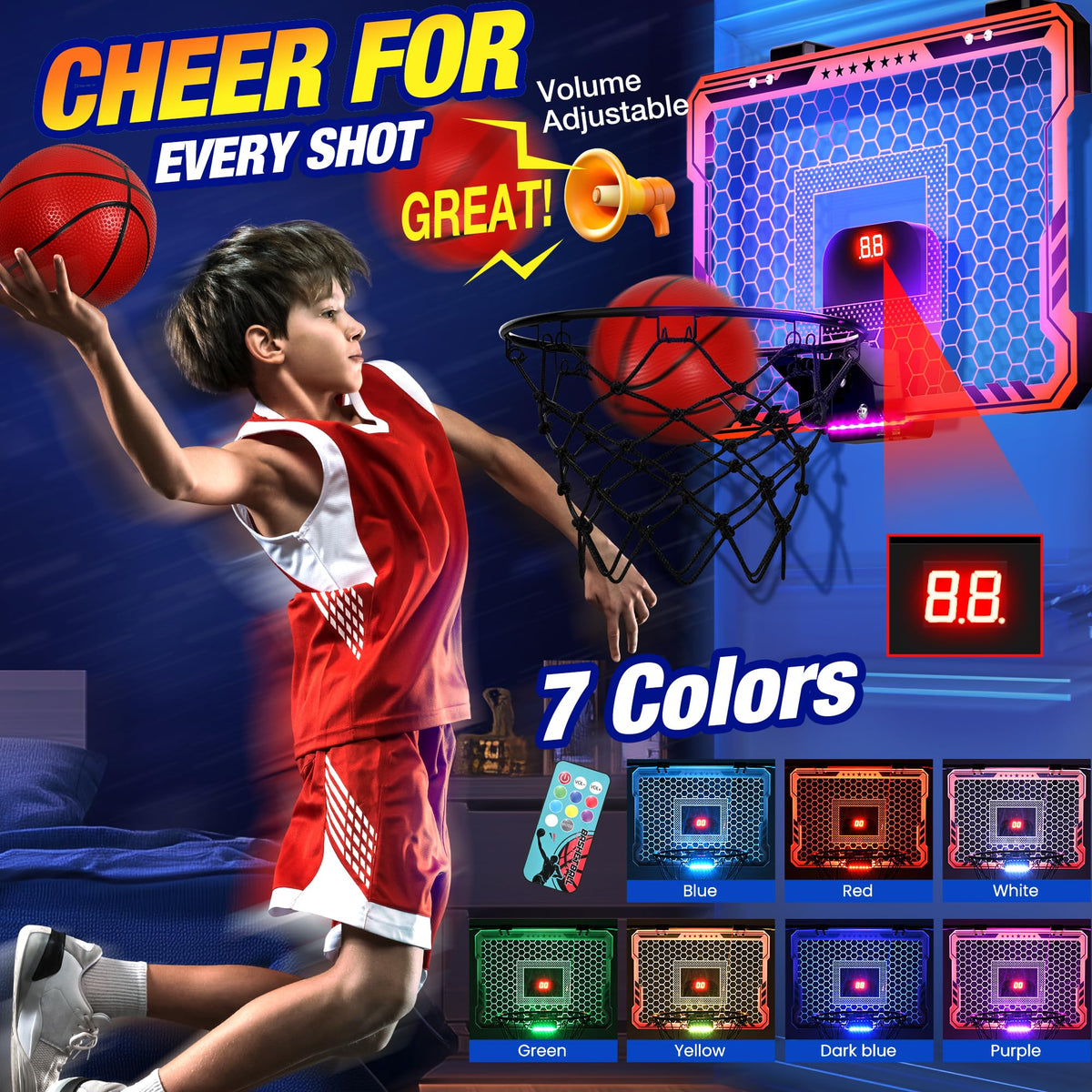 ropoda Indoor Basketball Hoop, Mini Hoop with 7 LED Lights, 3 Modes Scoreboard, Mini Hoop with 4 Balls Over The Door, Basketball Hoop Indoor, Toys Gifts for Kids Adults