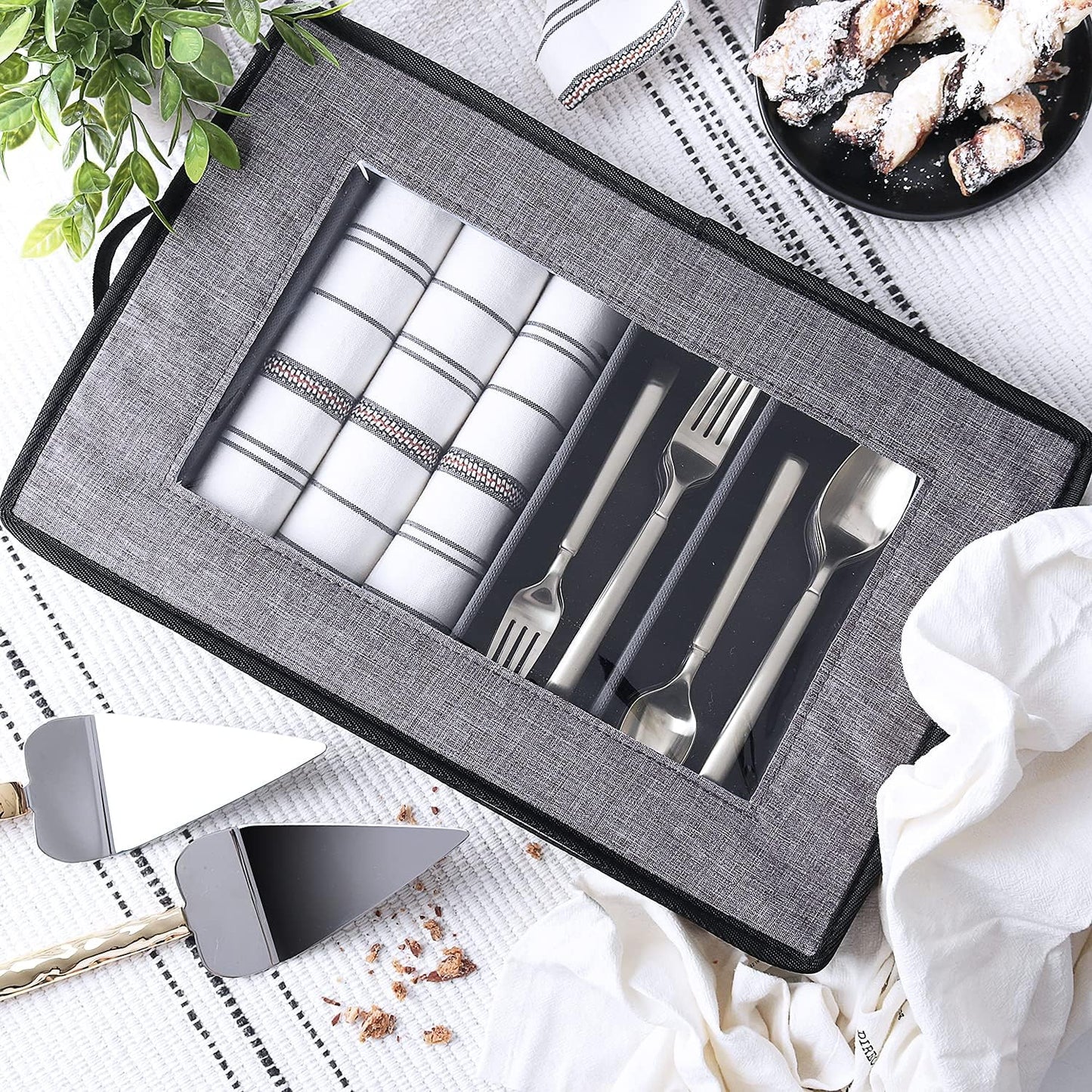 Flatware & Utensil Storage, Durable Silverware Storage Box with Padded Dividers, 5 Compartment Flatware Storage Case, Silverware Case with Handles, Protects and Organizes Cutlery, Grey