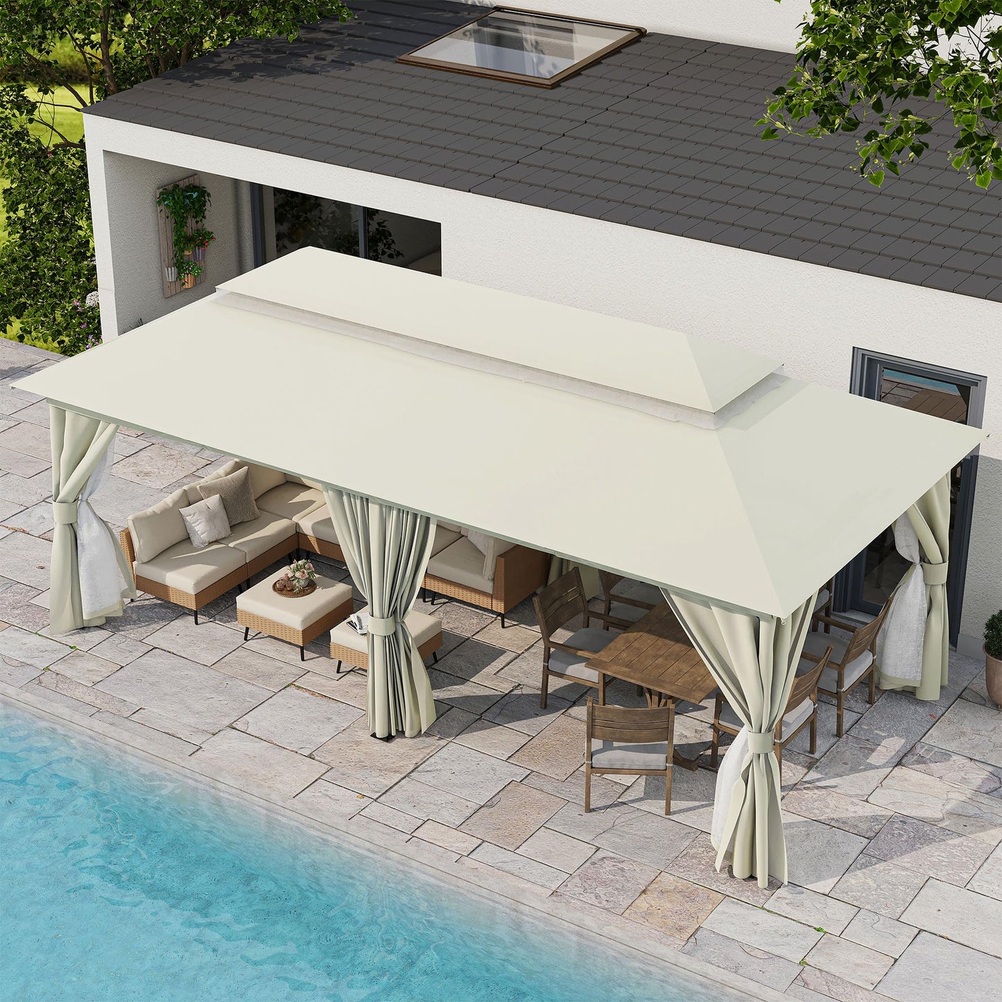 LAUSAINT HOME Outdoor Patio Gazebo 10'x20' with Expansion Bolts, Heavy Duty Party Tent & Shelter with Double Roofs, Mosquito Nettings and Privacy Screens for Backyard, Garden, Lawn, Cream White