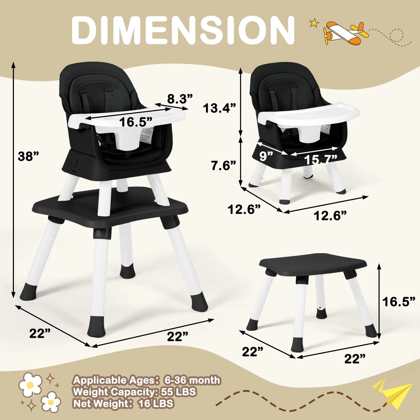 AILEEKISS 8 in 1 Baby High Chair, Toddler Dining Booster Seat for Eating, Black