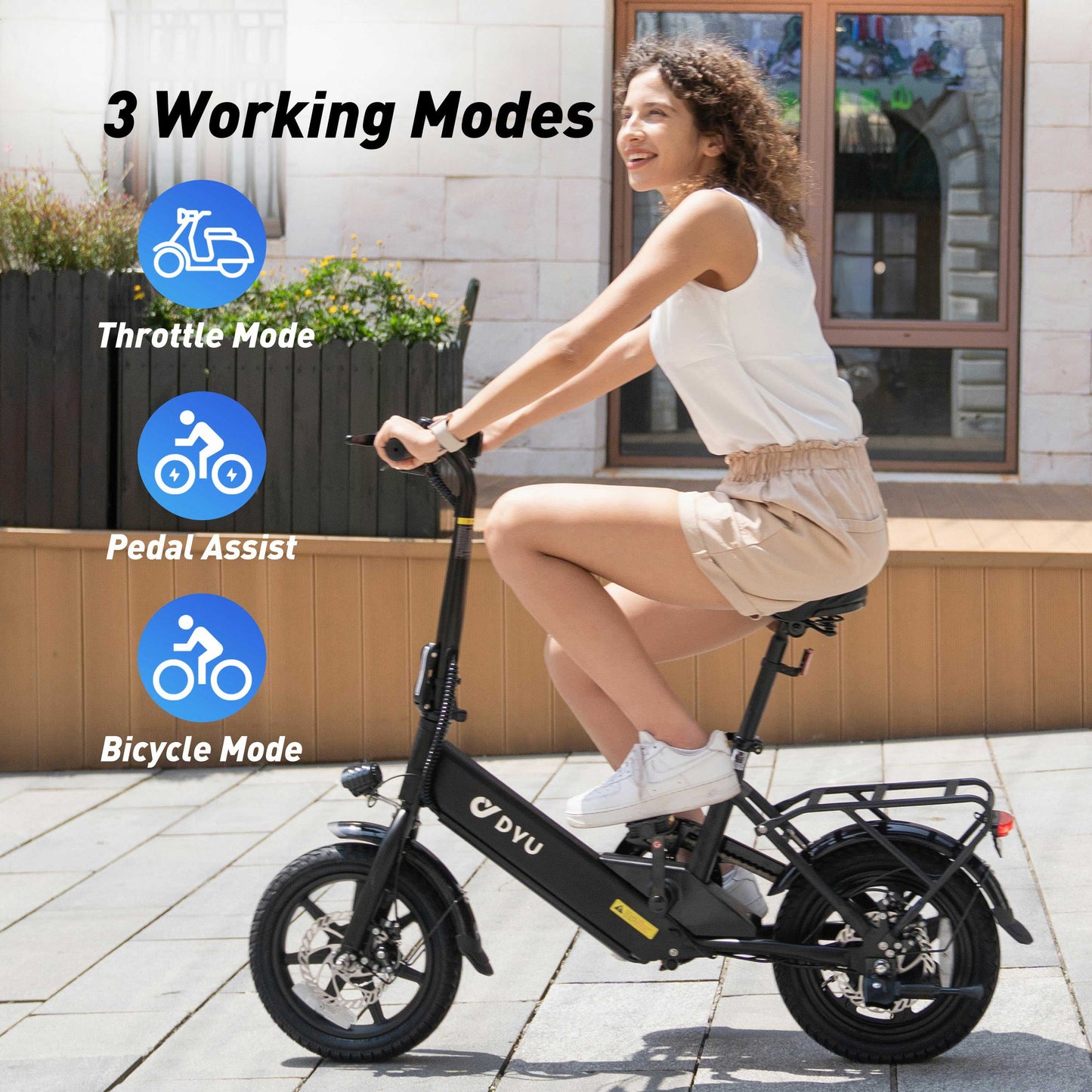 DYU 14" Folding Electric Bike for Adults Teens, 350W 36V/7.5AH, Pedal-Assist, Commuter Cruiser City E Bike