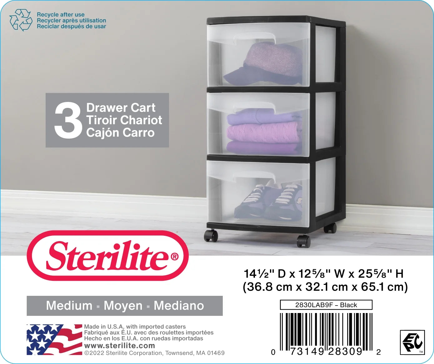 Sterilite 3 Drawer Plastic Cart, Black with Clear Drawers, Adult