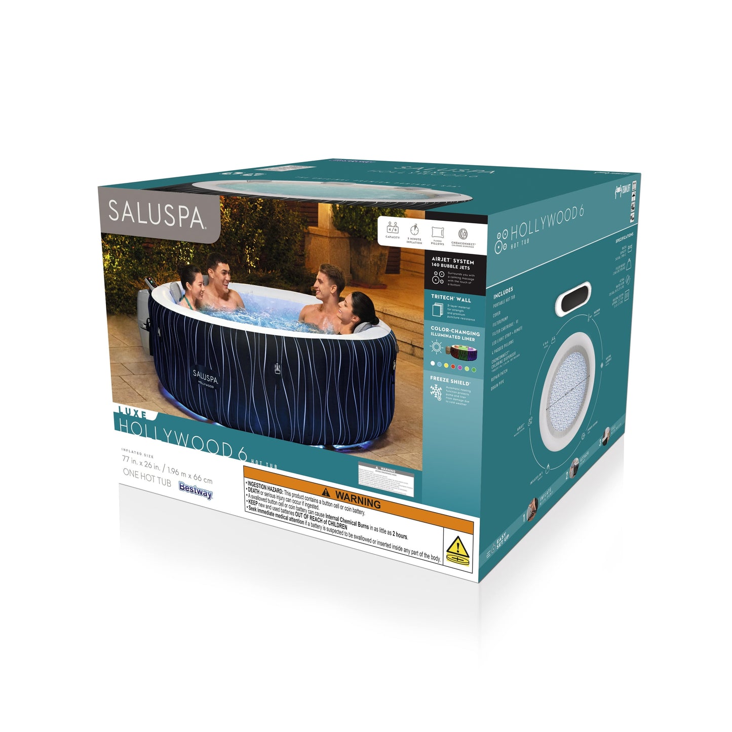 SaluSpa Hollywood AirJet Inflatable Circle Hot Tub Spa with Color-Changing LED Lights 4-6 Person with Pump #P08411