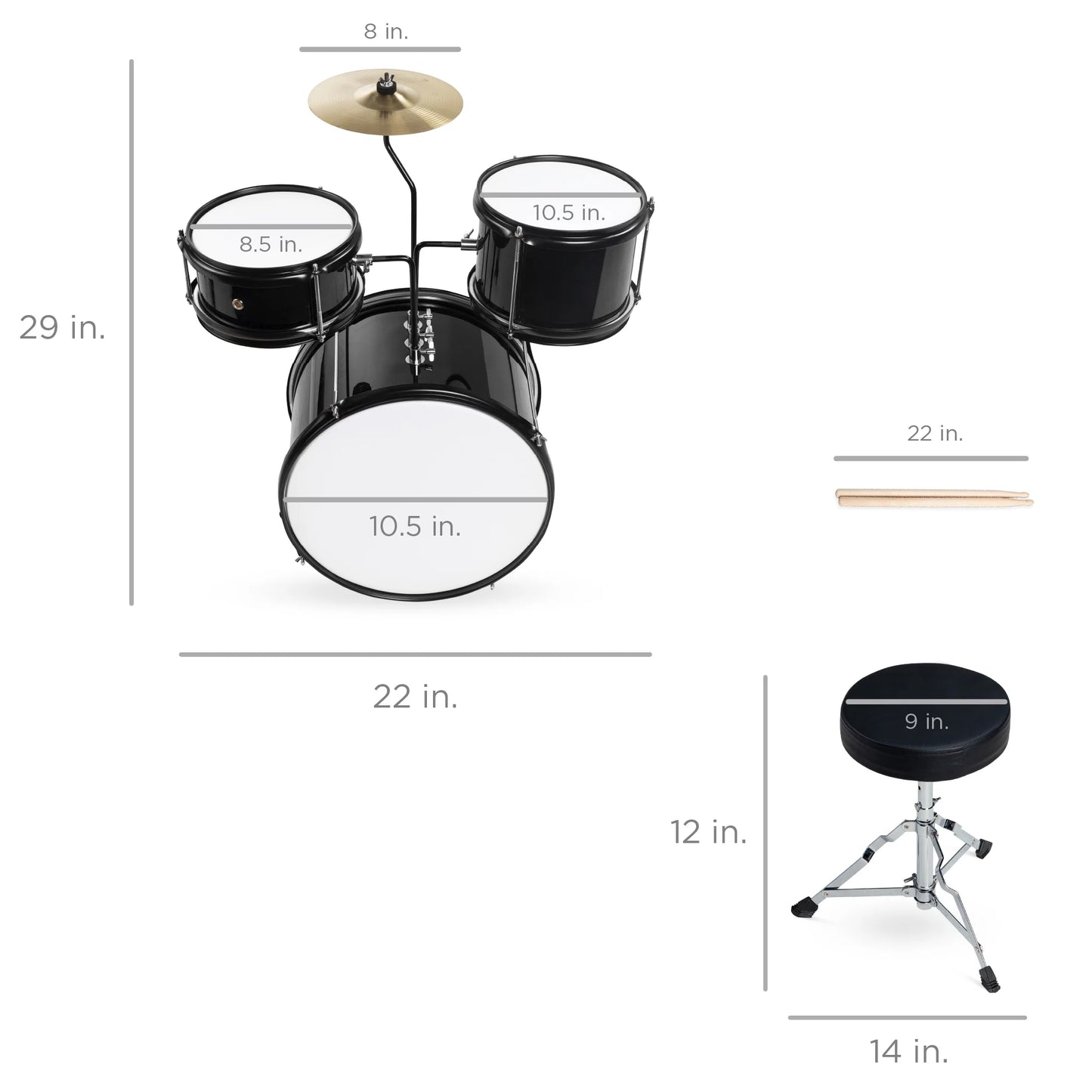 Best Choice Products Kids Beginner 3-Piece Drum, Musical Instrument Set w/ Sticks, Cushioned Stool, Drum Pedal - Black