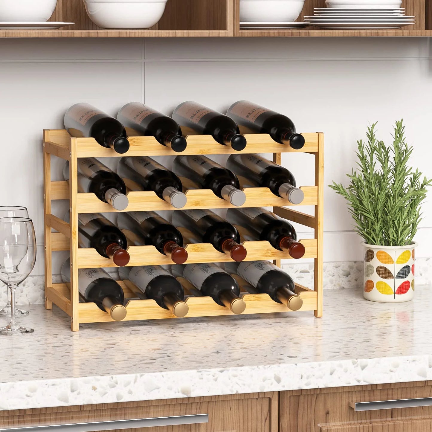 Bambloom Wine Rack,Bamboo Freestanding Floor Wine Bottle Holder,4-Tier Wine Storage Racks,Natural