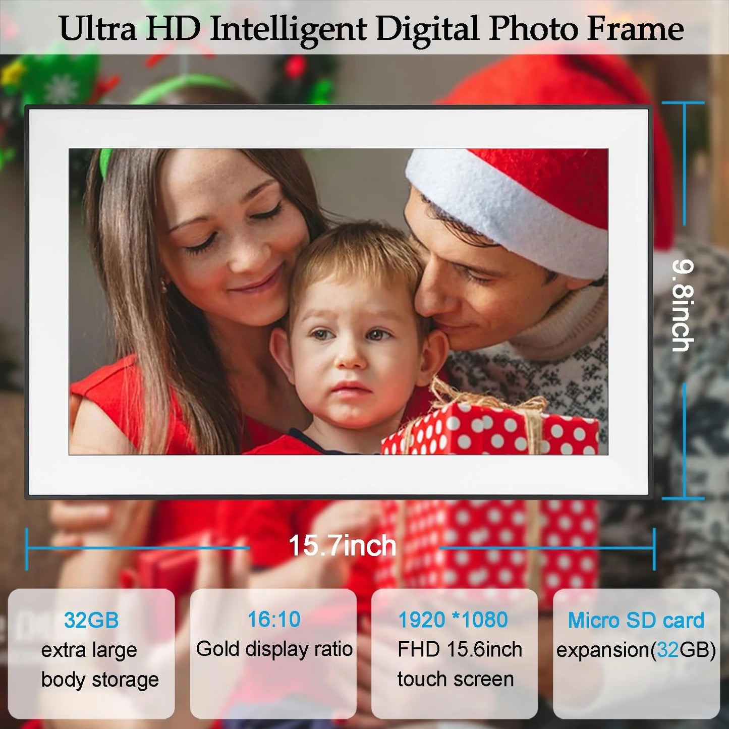 Jazeyeah 15.6" WiFi Digital Picture Frame 1920x1080 FHD IPS Touch Screen 32GB Storage Memories, Smart WiFi Large Digital Photo Frame Best Gifts