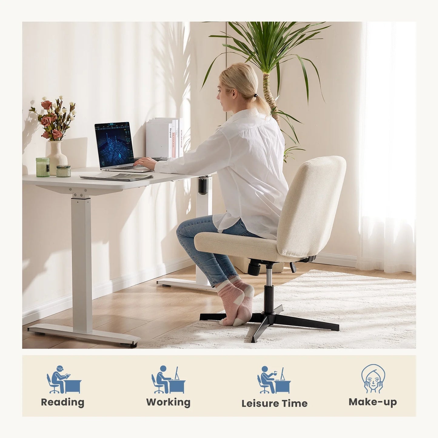 Office Chair Armless Criss Cross Legged Chair No Wheels, Comfy Home Office Desk Chairs, Adjustable Swivel Padded Fabric Vanity Task Computer Chair