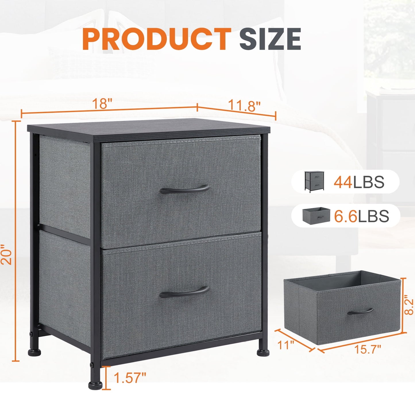 edx Nightstand, End Table Side Table with 2 Fabric Drawers Bedside Table for Bedroom, Closet, Dorm, Grey