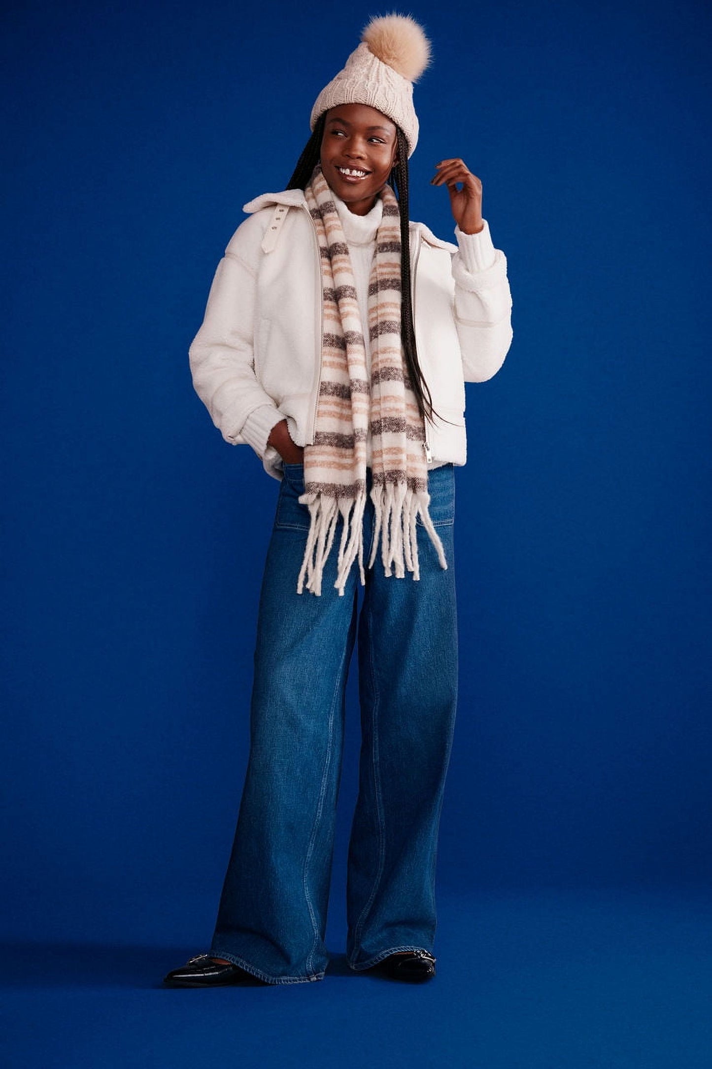 Time and Tru Women's Pom Cable Knit Winter Beanie, Oatmeal Heather