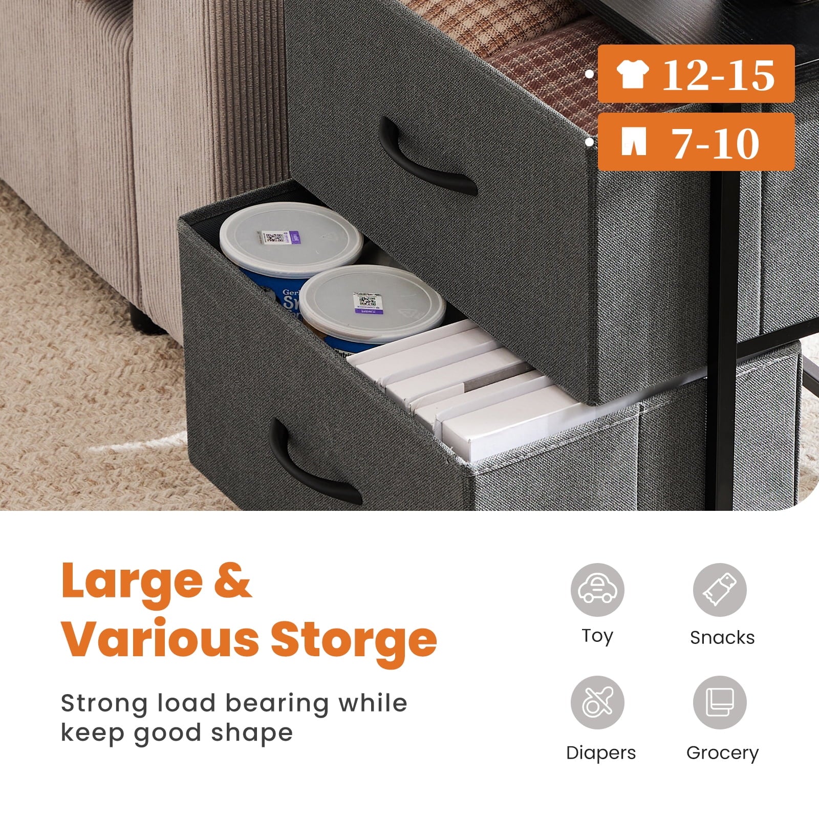 edx Nightstand, End Table Side Table with 2 Fabric Drawers Bedside Table for Bedroom, Closet, Dorm, Grey