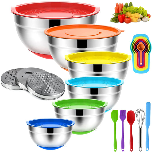 TINANA Mixing Bowls with Lids: 20 Pcs Stainless Steel Mixing Bowls Set with Rubber Bottom, 7, 4, 3.5, 2.5, 2, 1.5QT Metal Mixing Bowls for Kitchen, Multi-Color