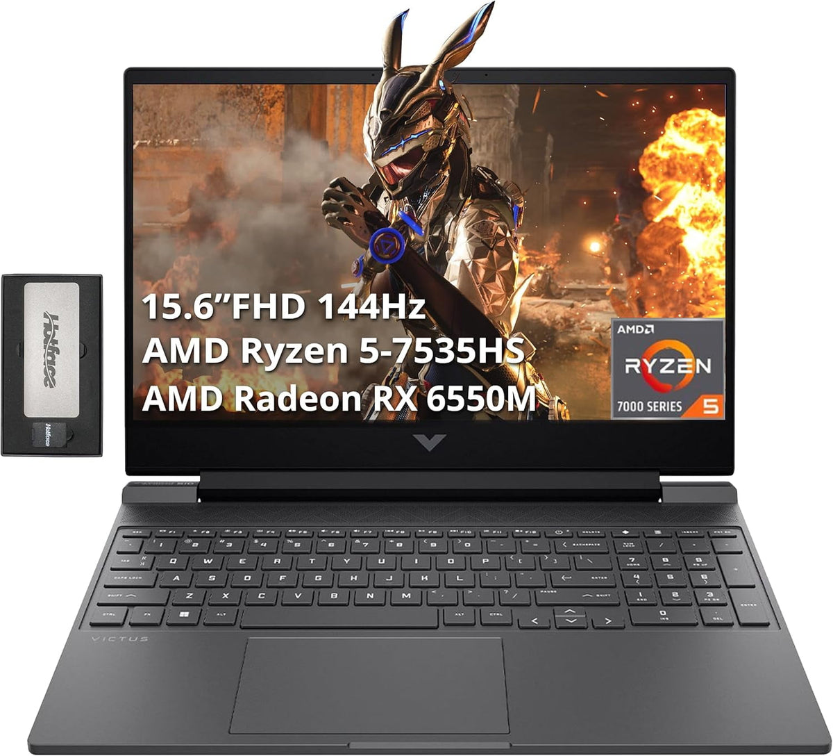HP Victus 15.6" FHD 144Hz Gaming Laptop, AMD Ryzen 5-7535HS, 16GB DDR5 RAM, 1TB PCIe SSD, AMD Radeon RX 6550M, Backlit Keyboard, Windows 11 Pro, Mica Silver, 256GB Docking Station Set