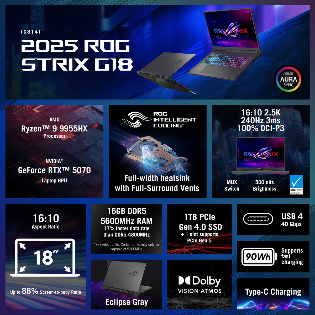 ASUS ROG Strix G18 (2025) Gaming Laptop, 18 inch WQXDA 240Hz AMD Ryzen 9 9955HX, NVIDIA GeForce RTX 5070 32GB RAM 1TB SSD Eclipse Gray