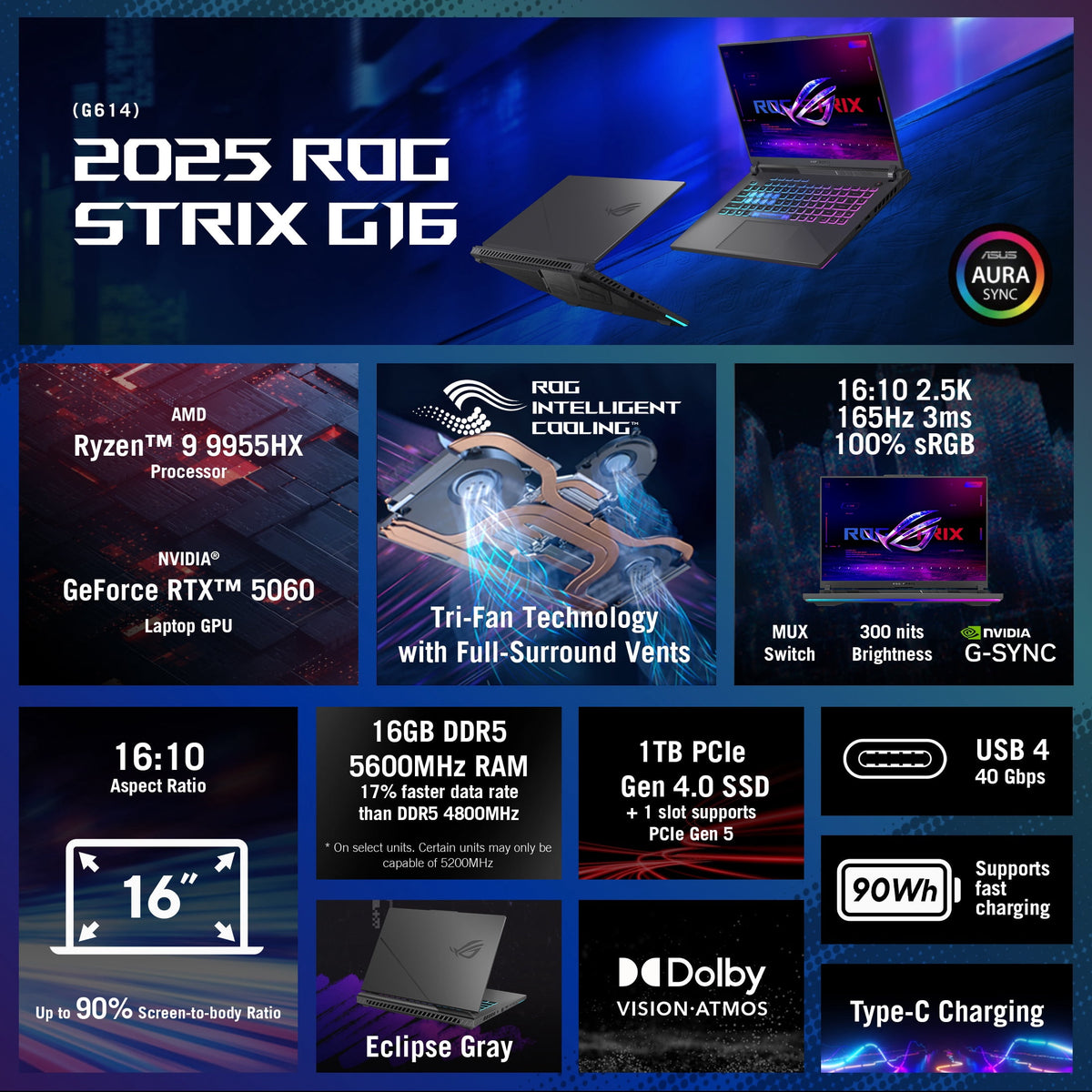 ASUS ROG Strix G16 (2025) Gaming Laptop, 16” WUXGA 165Hz/3ms, AMD Ryzen 9 9955HX, NVIDIA GeForce RTX 5060 8GB VRAM, 16GB DDR5-5600 RAM, 1TB PCIe Gen 4 SSD, Eclipse Gray