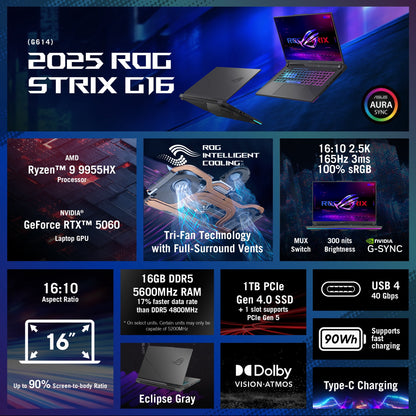 ASUS ROG Strix G16 (2025) Gaming Laptop, 16” WUXGA 165Hz/3ms, AMD Ryzen 9 9955HX, NVIDIA GeForce RTX 5060 8GB VRAM, 16GB DDR5-5600 RAM, 1TB PCIe Gen 4 SSD, Eclipse Gray